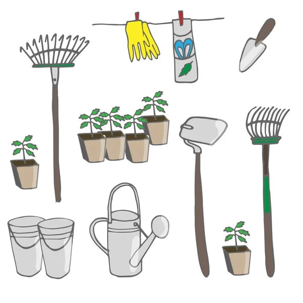 Bahçe aracı vektör bahçe ekipmanları tırmık veya bahçıvan çiftlik koleksiyonu veya tarım seti illüstrasyon beyaz arka plan üzerinde izole kürek.