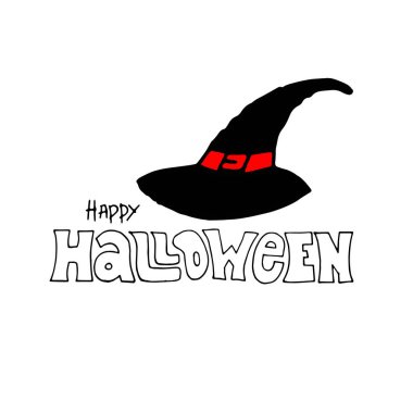 Mutlu Cadılar Bayramı vektör yazı. Afiş, afiş, tebrik kartı, parti davetiyesi için şapkaile tatil kaligrafisi.