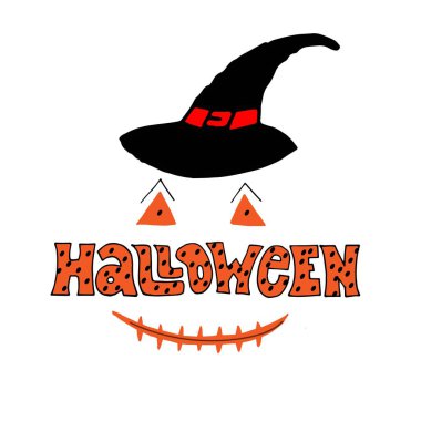 Cadılar Bayramı vektör yazısı. Afiş, afiş, tebrik kartı, parti davetiyesi için maske ve şapka ile tatil kaligrafi.