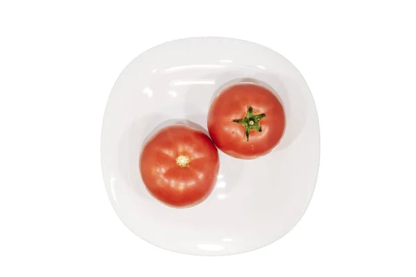 Beyaz plat taze domates. Üst te. Kırpma Yolu — Stok fotoğraf