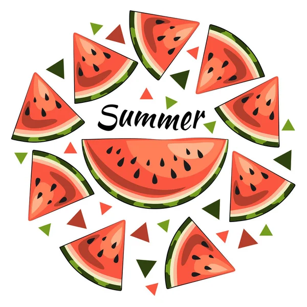 Wassermelonenscheiben Mit Schriftzug Sommer Isoliert Auf Weißem Hintergrund — Stockvektor