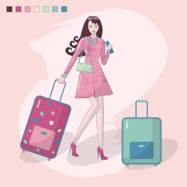 Vektör illüstrasyon mutlu kız seyahat uçar. Kız gülümsüyor. Tatil, havaalanı, bavul, sırt çantası, çanta. Düz stil. Dergi illüstrasyon. Yalıtılmış nesneler