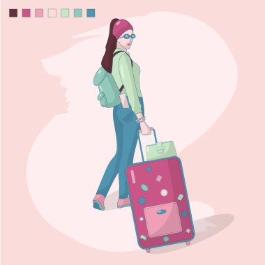 Vektör illüstrasyon mutlu kız seyahat uçar. Kız gülümsüyor. Tatil, havaalanı, bavul, sırt çantası, çanta. Düz stil. Dergi illüstrasyon. Yalıtılmış nesneler