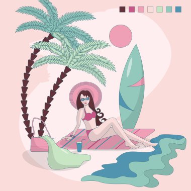 Parlak yaz illüstrasyon: bir şapka ve mayo bir kız palmiye ağaçlarıaltında sahilde dinleniyor, deniz kenarında, bir sörf tahtası yakın. Tatil. Rahatlama. Güneşlenmek. Beach. Güneş. ısı.