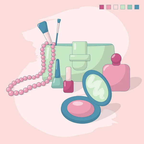 Ilustración Vectorial Accesorios Femeninos Belleza Cosméticos Bolso Abalorios Perfume Enrojecimiento — Archivo Imágenes Vectoriales