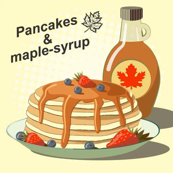 Ilustrasi Vektor Pancake Dengan Sirup Maple Dan Beri Sarapan - Stok Vektor