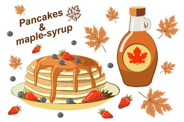 Ilustrasi Vektor Pancake Dengan Sirup Maple Dan Beri Sarapan - Stok Vektor