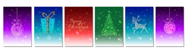 Ilustração Vetorial Cartões Natal Cartões Estilizados Multicoloridos Com Imagem Árvore — Vetor de Stock