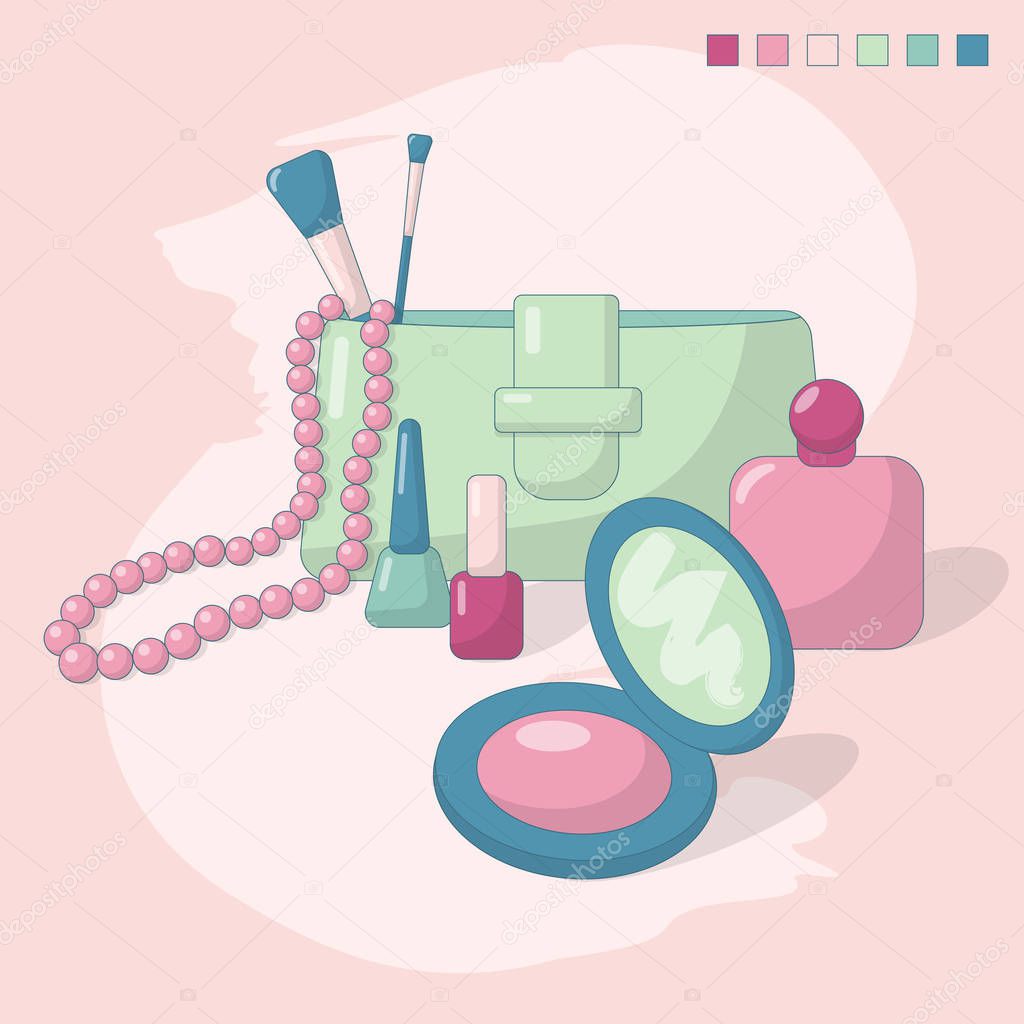 Vector illustration of women's accessories. Beauty. Cosmetics. Handbag. Beads. Perfume. Blush. Powder. Makeup brushes. Nail polishes. Flat style. Magazine illustration. Isolated objects.