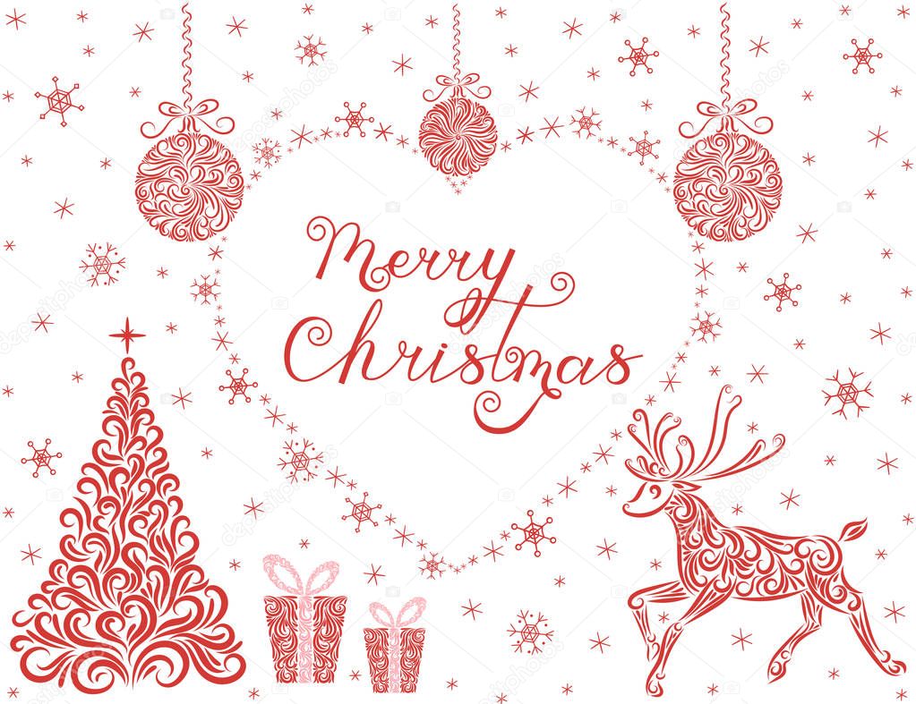 Vector illustration Christmas set of ornament for your design. Christmas tree, Christmas balls, reindeer, present, snowflakes. Lettering Merry Christmas. New Year. The time of miracles. Postcard. 