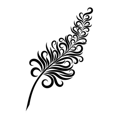 Vektör illüstrasyon süs elemanlarından tüy stilize. Şekil siyah çizgi. Dövme. Tasarım ve dekor için görüntü. Dantel. Kalem yazarı. Bir kitap yaz. Kitapçı. Mektup