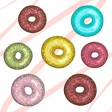 Pişirme Vektör illüstrasyon çikolata ve pembe krema üzerine dökülür. Beyaz arka planda çok renkli çörekler. Lezzetli kahvaltı. Dekor ve tasarım için görüntü. Reklam kafe ve kahvehane. Desen