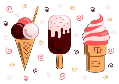 Üç dondurma bir dizi: yağmurlama ile çikolata lı popsicle, çilek koni, farklı tatlar ile üç topları ile koni. Ferahlatıcı lezzetli ve tatlı tedavi. Nefis. Puan. Kafede. Bir restoran. Yaz. 