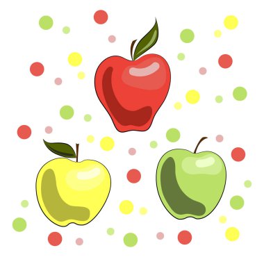 Elma canlı bir illüstrasyon: kırmızı, sarı ve yeşil. Olgun sulu meyve. Yaz. Dekor ve tasarım için görüntü. Sağlıklı yiyecekler. Doğru beslenme. Vegan. Vejetaryen 