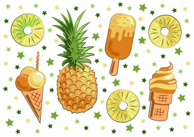 Parlak yaz vektör seti: ananas, ananas dilimleri, ananas dondurma. Beyaz arka planda sarı ve yeşil renklerde lezzetli clipart. Dekor, tasarım ve reklam için şablon.