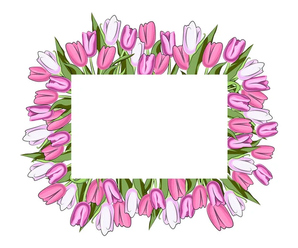 Frame of tulips pastel colors: white, pink, lilac. In the center is a white frame for inscriptions. Image for your decor: invitations, cards, posters. Wedding. Celebration. Spring. Summer. Flowers