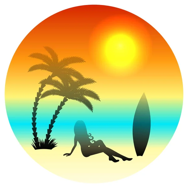 Векторні Ілюстрації Дівчини Серфінгу Пальми Фоні Заходу Сонця Чорний Силует — стоковий вектор