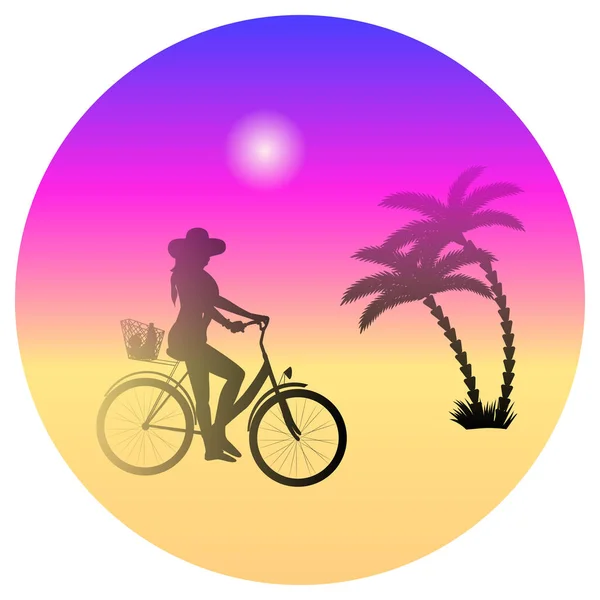 Ilustración Vectorial Una Niña Bicicleta Palmeras Fondo Una Puesta Sol — Vector de stock