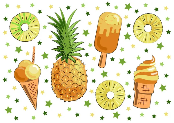Zářivá Letní Množina Ananas Ananasové Plátky Ananasová Zmrzlina Vynikající Klišé — Stockový vektor