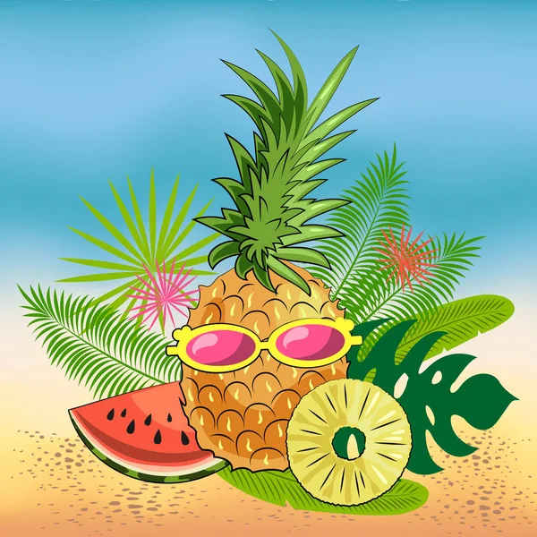 Bodegón Verano Brillante Frutas Playa Piña Rodajas Jugosa Sandía Rodajas — Vector de stock