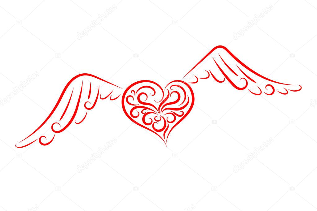 Vector illustration of a heart with wings. Figure red line. Love. Valentine's day. Heart with wings for your design, postcards, tattoos, wedding invitations, decor, packaging.