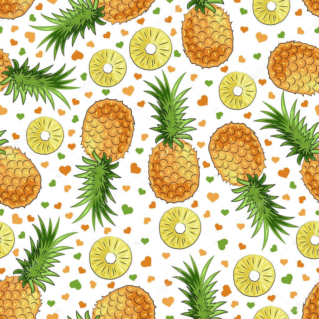Bright summer vector set: pineapple, pineapple slices, pineapple ice cream. Delicious clipart in yellow and green colors on a white background. Template for your decor, design and advertising.
