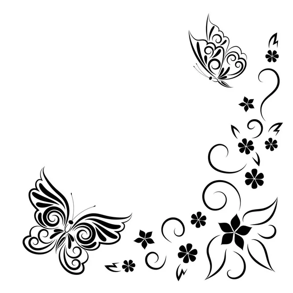 蝴蝶和花的夏季风格化组合。图像由一条黑色线条以装饰的形式绘制。为您的设计剪贴画。模板。框架. — 图库矢量图片