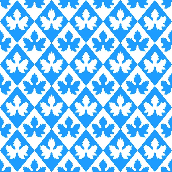オクトーバーフェストベクトルシームレスパターン。シルエットホップの葉、ロンバスシームレスな質感。ドイツの青と白の幾何学的背景. — ストックベクタ