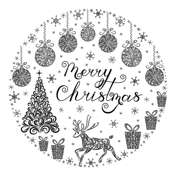 Natal definido em um círculo a partir dos elementos do ornamento: árvore, bolas de Natal, renas, presentes, flocos de neve . — Vetor de Stock