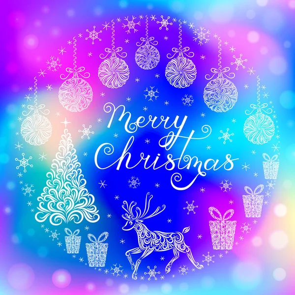 Coffret de Noël : sapin de Noël, boules de Noël, rennes, cadeaux, flocons de neige sur fond de aurores boréales . — Image vectorielle