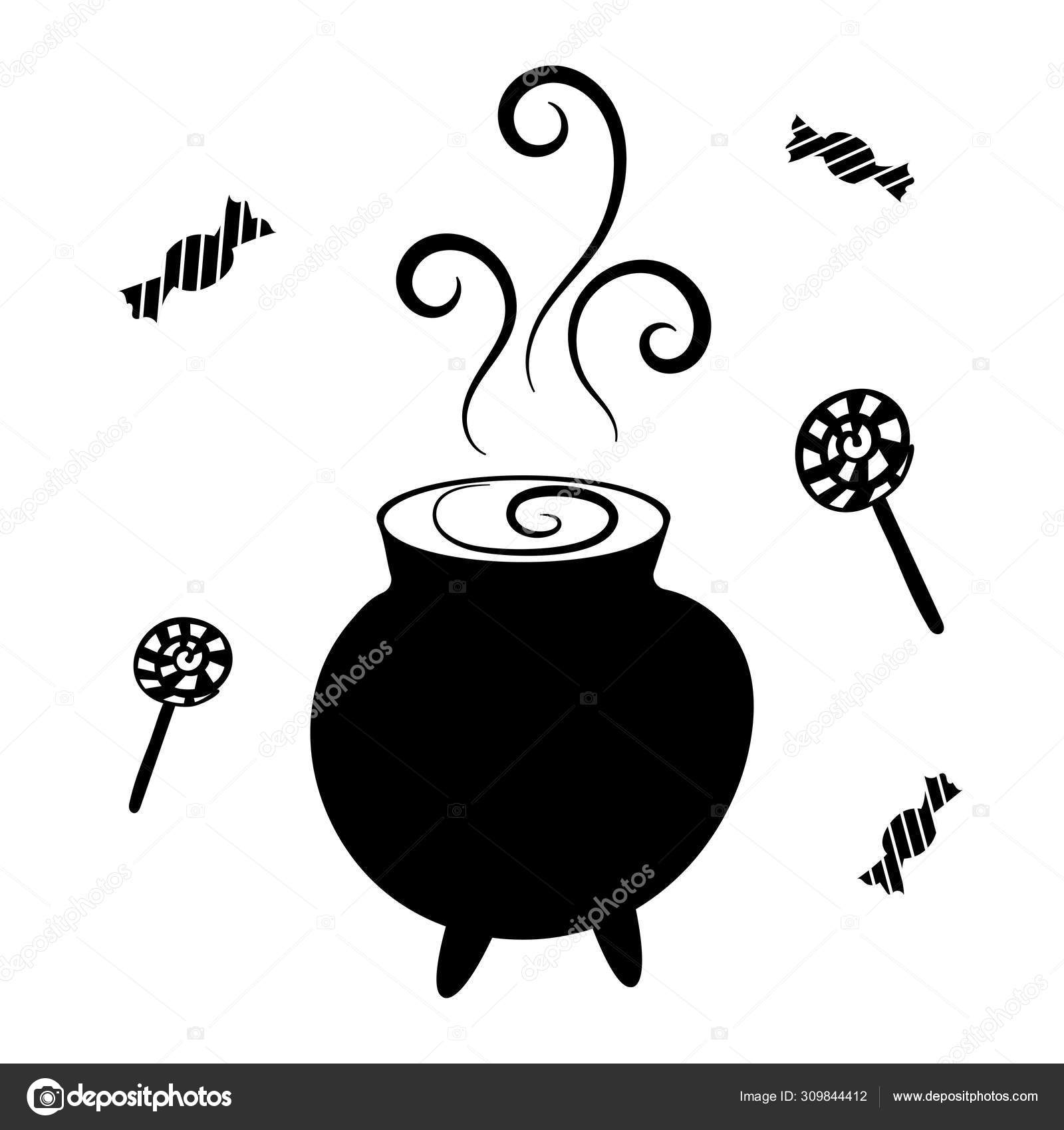 Котел Со Зельем И Конфетами. Черный Силуэт. Декорации К Хэллоуину.