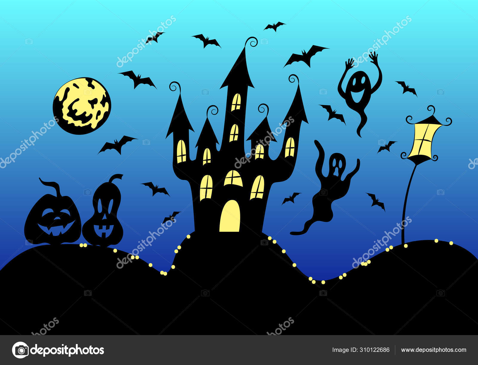 Halloweenplakat, mal for gratulasjonskort: skummelt spøkelseshus på åsen,  flaggermus, gresskarlykter, måne- og gatelampe . stockvektor ©  Mary_Iriskina #310122686, image size:1600x1220