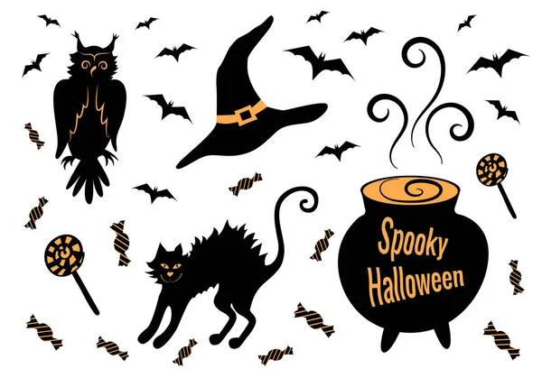 Conjunto de decoração de feriado assustador Halloween: coruja, gato preto, caldeirão com poção, chapéu de bruxa, morcegos e doces . —  Vetores de Stock