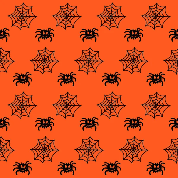 Spider dan Vektor Cobweb pola mulus. Siluet hitam dengan tekstur mulus. Halloween - Stok Vektor
