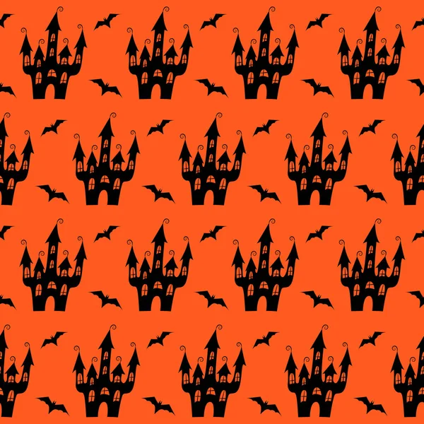 Castillo y murciélagos patrón sin costuras. Siluetas negras de textura perfecta. Halloween — Archivo Imágenes Vectoriales