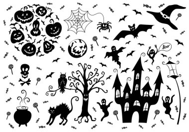 Cadılar Bayramı dekorasyonu seti: Kabak kabağı fenerleri, yarasalar, örümcek ve örümcek ağı, cadı şapkası