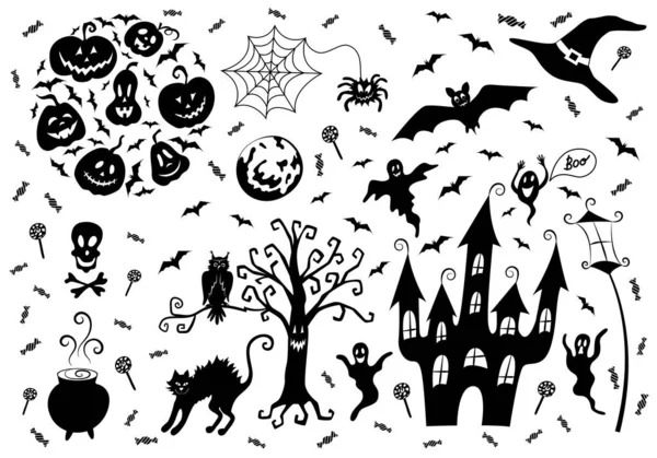 Conjunto de decoração de Halloween: lanternas de macaco de abóbora, morcegos, aranha e teia de aranha, chapéu de bruxa —  Vetores de Stock