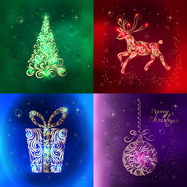 Cartões de Natal. Cartões estilizados multicoloridos com a imagem da árvore de Natal, renas, Lettering Feliz Natal, presente, bolas de Natal . — Vetor de Stock