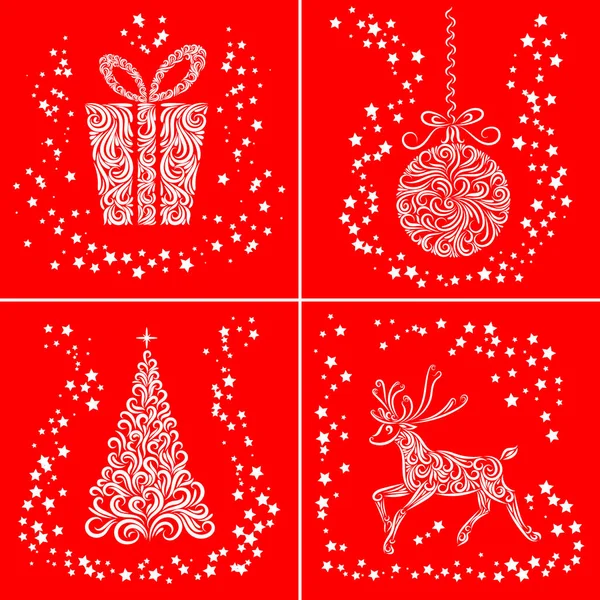 Conjunto de cartões de Natal: árvore de Natal, presente, bola de Natal, rena. Linha. Ornamento. Estrelas. Ano Novo . — Vetor de Stock