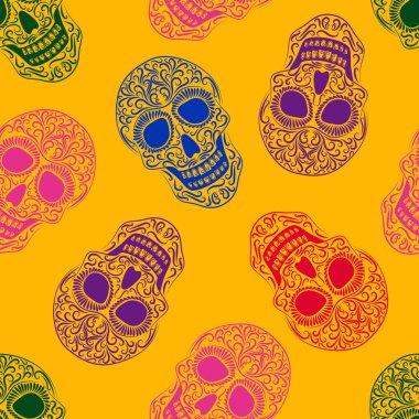 Çizgi süsleme vektöründeki kafatası kusursuz desen. Stylize kafatası dikişsiz dokusu. Cadılar Bayramı. Ölü bayramı. Meksika.