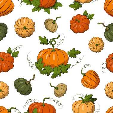 Yaprakları vektörsüz desenli balkabağı. Kusursuz dokuya sahip turuncu sebze. Hasat Festivali. Sonbahar. Cadılar Bayramı.