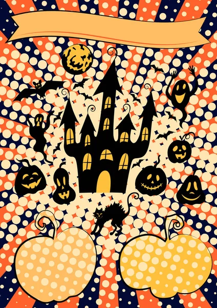 Halloween modelo de cartaz de arte pop: assustador castelo assombrado na colina, morcegos, lanternas de macaco de abóbora, gato preto e lua . —  Vetores de Stock