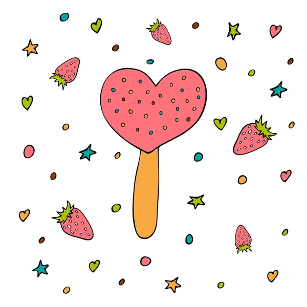 Es krim stroberi berbentuk hati pada tongkat es loli. Tangan ditarik. Makanan penutup musim panas. Makanan ringan yang lezat. Ilustrasi vektor. - Stok Vektor