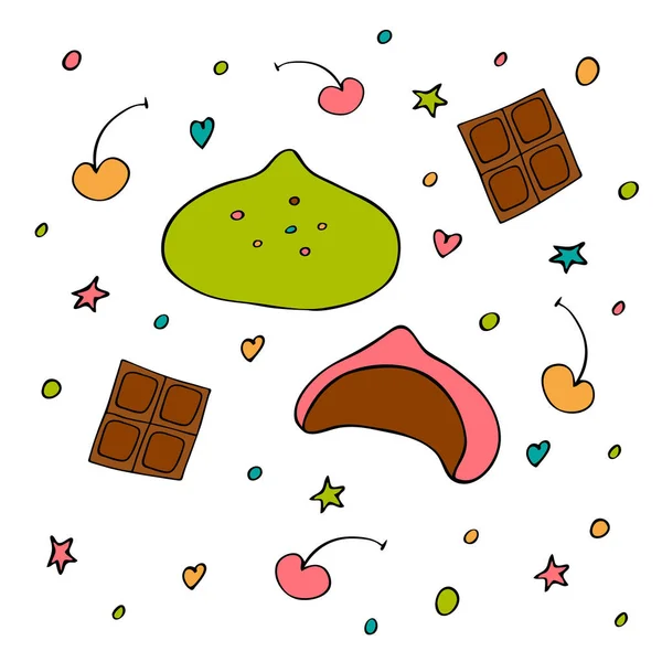 Japanse ijs mochi met chocolade en kersen. Handgetekend. Heerlijk verfrissend zomerdessert. Lekker tussendoortje. Vector — Stockvector