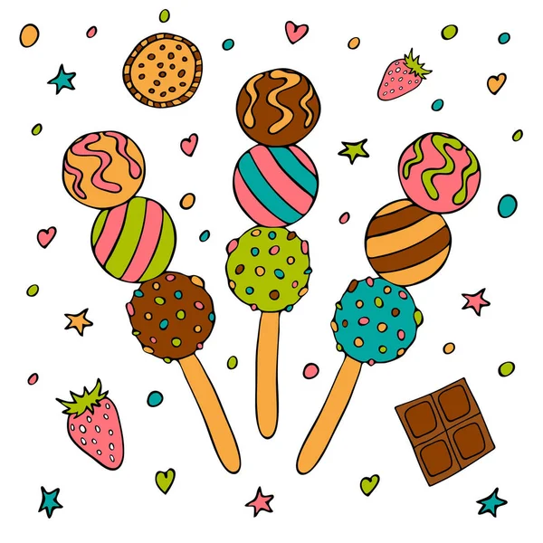 Dango japonská mochi zmrzlina na tyčinky s jahodami, čokoládou a sušenkami. Natažená ruka. Letní dezert. Chutné — Stockový vektor