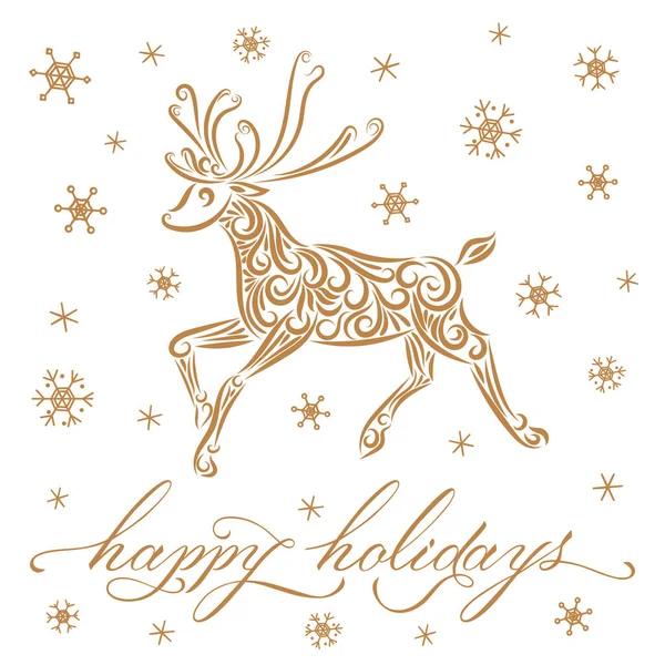 装飾要素からゴールドトナカイ 幸せな休日のレタリング 雪の結晶 線を引く メリークリスマス テンプレートグリーティングカード 隔離された物体の白い背景 ベクターイラスト — ストックベクタ