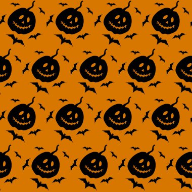 Balkabağı kabağı kabağı feneri ve yarasa vektörü kusursuz desen. Siyah siluet, pürüzsüz doku. Ürkütücü Cadılar Bayramı. Tekstil, ambalaj kağıdı, duvar kağıdı tasarımı, ambalaj. Turuncu ve siyah renk. Görüntü