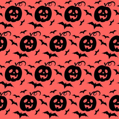 Balkabağı kabağı kabağı feneri ve yarasa vektörü kusursuz desen. Siyah siluet, pürüzsüz doku. Ürkütücü Cadılar Bayramı. Tekstil, ambalaj kağıdı, duvar kağıdı tasarımı, ambalaj. Turuncu ve siyah renk. Görüntü