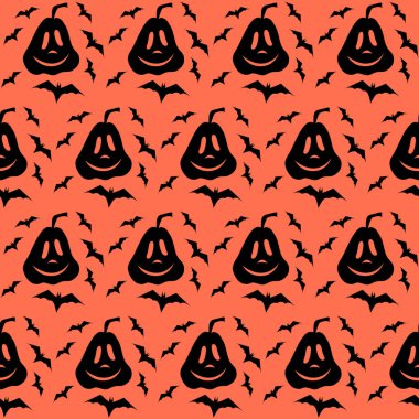 Balkabağı kabağı kabağı feneri ve yarasa vektörü kusursuz desen. Siyah siluet, pürüzsüz doku. Ürkütücü Cadılar Bayramı. Tekstil, ambalaj kağıdı, duvar kağıdı tasarımı, ambalaj. Turuncu ve siyah renk. Görüntü