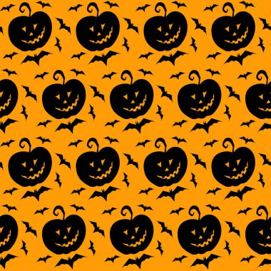 Balkabağı kabağı kabağı feneri ve yarasa vektörü kusursuz desen. Siyah siluet, pürüzsüz doku. Ürkütücü Cadılar Bayramı. Tekstil, ambalaj kağıdı, duvar kağıdı tasarımı, ambalaj. Turuncu ve siyah renk. Görüntü